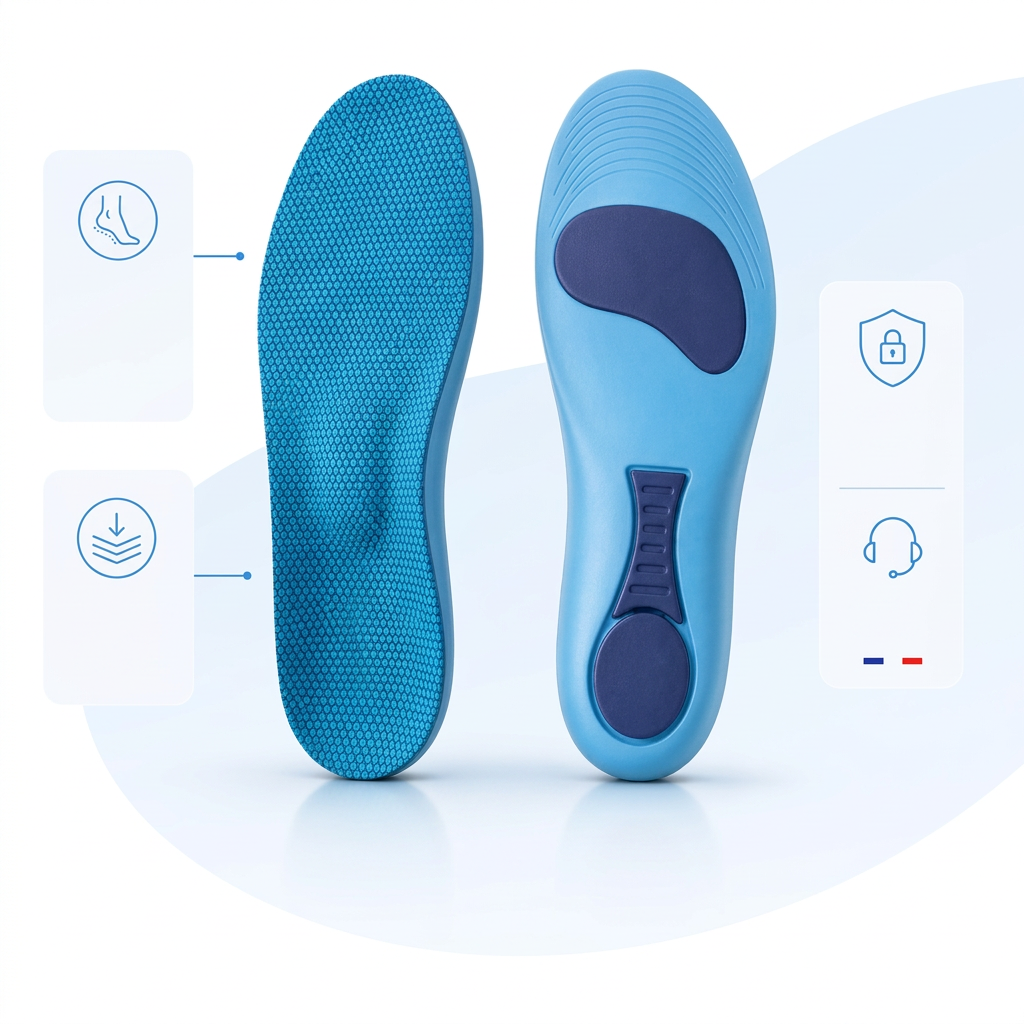 Deux semelles intérieures bleues présentées de dessus et de dessous sur un fond clair, sans texte.